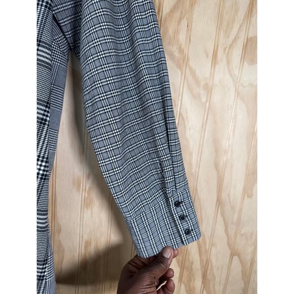 Halogen 2X Black White Plaid Houndstooth Faux Tie Waist Shirt Long Sleeve Blouse - Picture 8 of 10